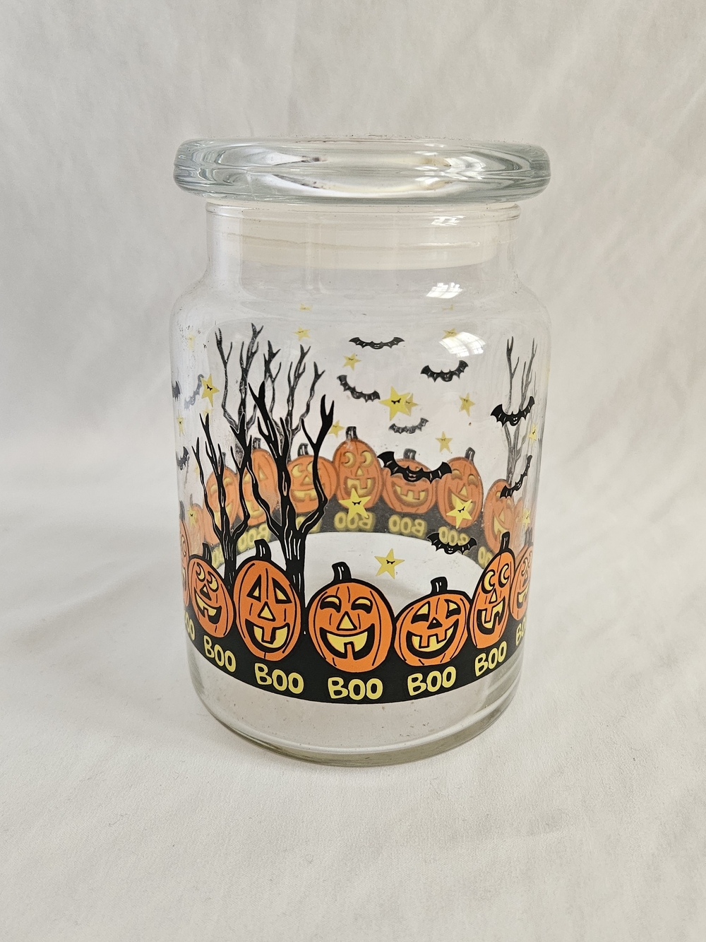 Vtg 90s Libbey Halloween Jack O'Lantern Pumpkin Glass Jar Orange Boo Design 6"